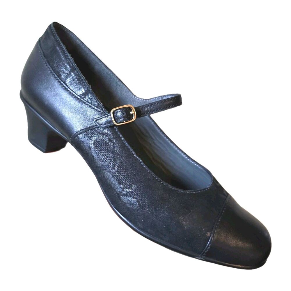 SAS Women's Isabel Mary Jane Pump 10N Narrow Block Heel Black Leather Snake